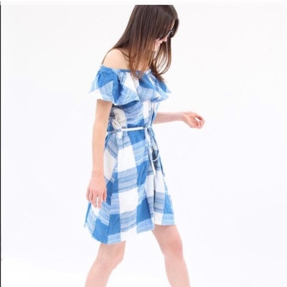 Ace & Jig Blue and White Plaid Off-Shoulder Mini Dress